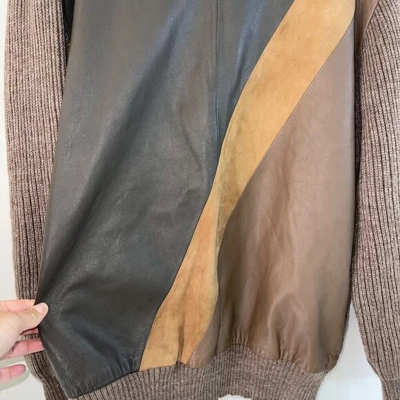 Neiman Marcus Vintage Mens Sweater Size Large Brown Leather Front Knit